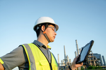 Terminal operator consulting a rugged tablet beside storage infrastructure