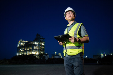 Terminal operator using a tablet during night-time industrial operations
