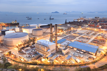 Coastal petroleum storage terminal with tanks and marine access