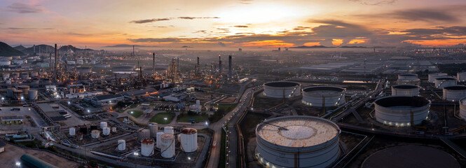Panoramic aerial view of a petroleum storage and processing complex