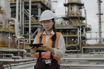 Terminal engineer reviewing digital records in front of process infrastructure