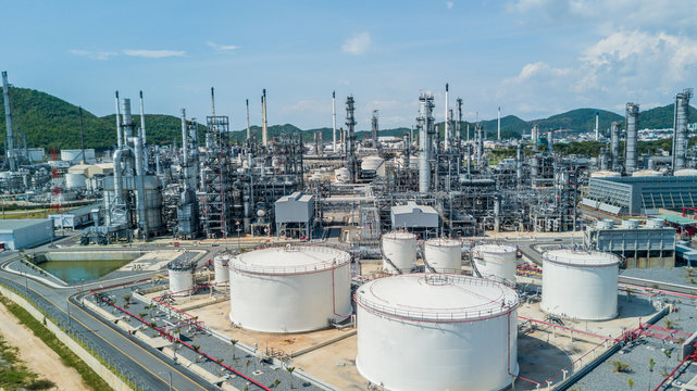 Aerial view of petroleum storage tanks integrated with processing infrastructure