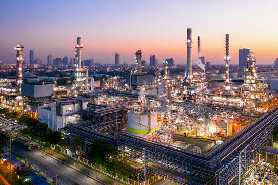 Illuminated petroleum processing and storage infrastructure viewed from above