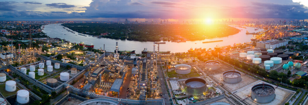 Aerial view of coastal petroleum storage and maritime infrastructure