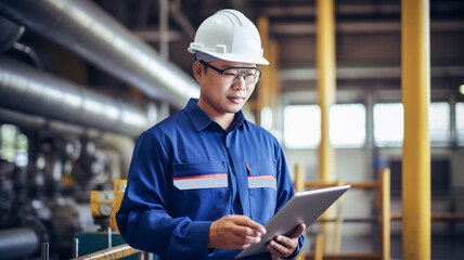 Terminal engineer reviewing operational information beside industrial piping